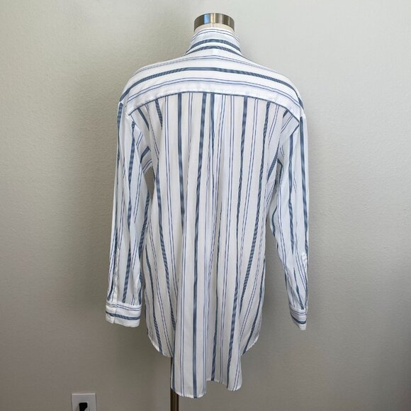 Elizabeth and James Womens Large White Blue Striped Tie Neck Shirt Button Up Top - Picture 5 of 10